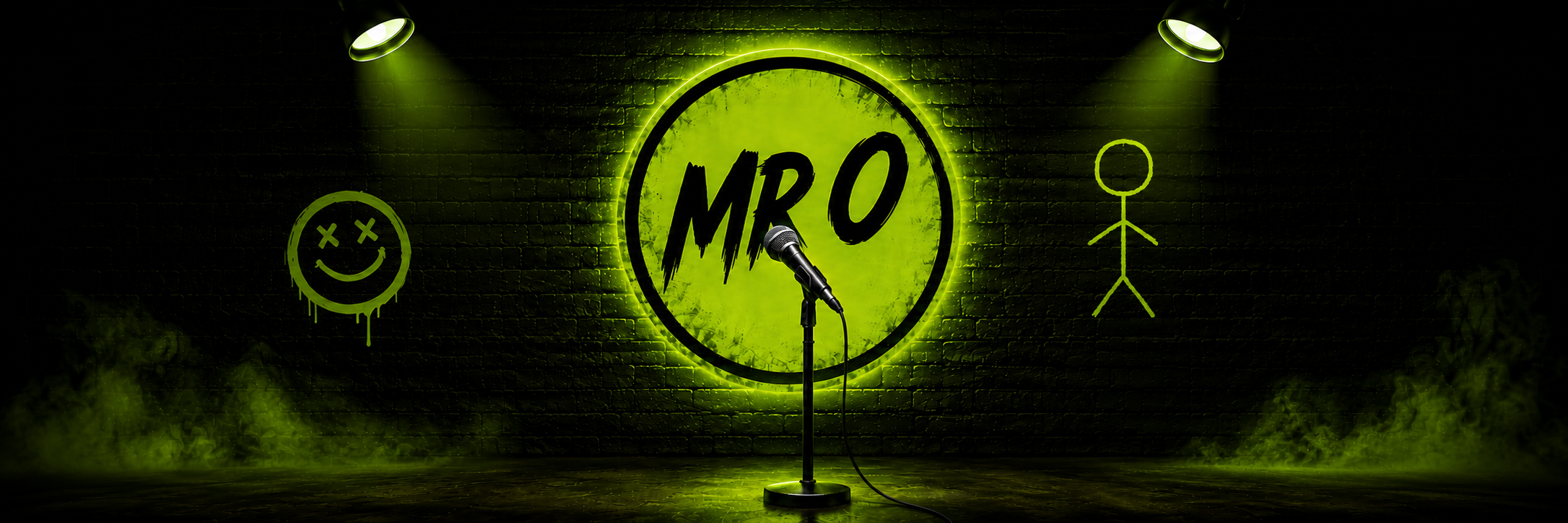 A dim brick comedy club lit in neon green, spotlights aimed at a lone microphone stand beneath a glowing MR O marquee sign.