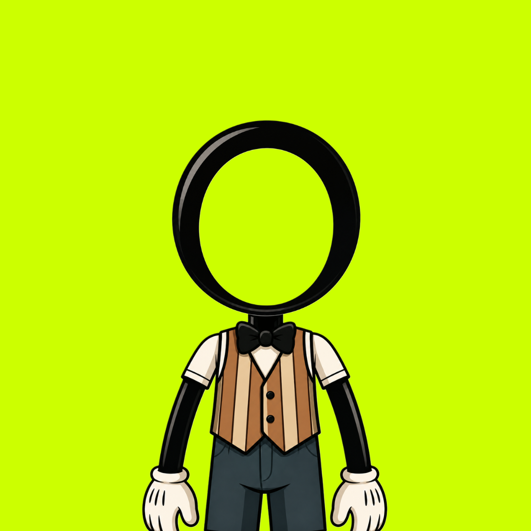 Mr O, a comedian character whose head is a plain black ring instead of a face, wearing a striped waistcoat, bow tie, and white gloves, standing against a bright lime background.